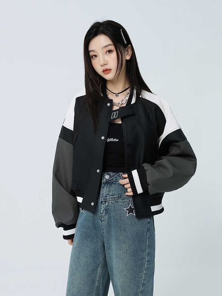 

autumn short baseball uniform women's 2023 spring and autumn new design sense small crowd contrast color handsome motorcycle jacket tre, Black;brown