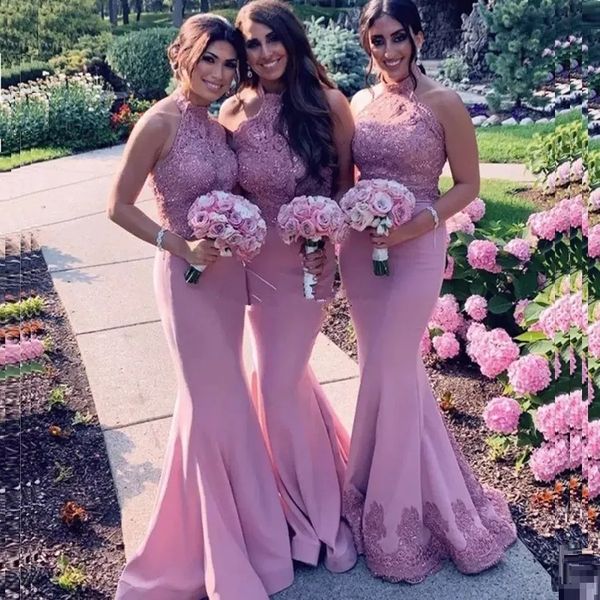 

lace mermaid bridesmaid dresses halter neck evening dress beaded wedding guest dress sleeveless maid of honor gown, White;pink