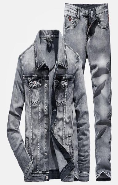 

men039s tracksuits men 2 piece sets simple spring autumn smoky gray long sleeve denim jacket jeans fashion slim couple suit r2420043