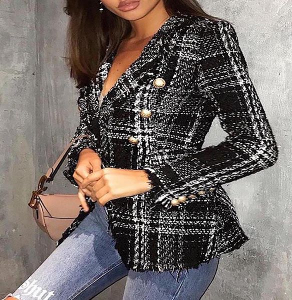 

notched collar doublebreasted plaid blazer0123456785822660, White;black