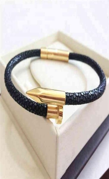 

bt luxury genuine stingray leather stainls steel nail bracelet2923501, Golden;silver