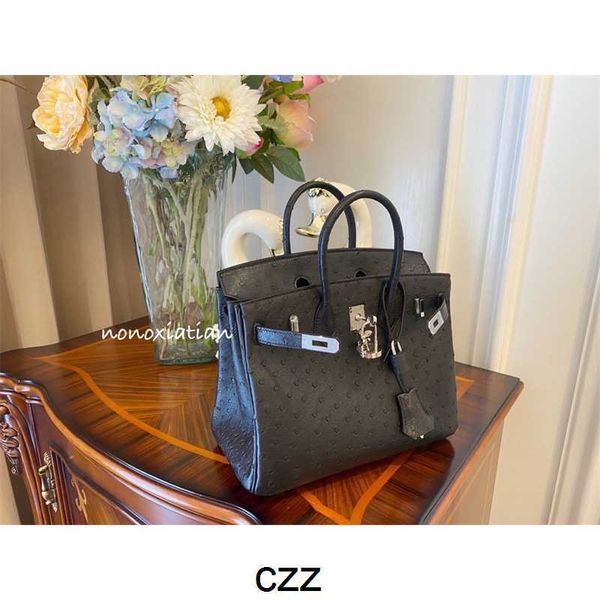 

ostrich handbag birkins h ermers bags hand sewn wax thread h home bag 25 30 35 original skin black silver buckle genuine leather 177g