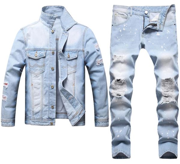 

autumn winter tracksuits light blue men039s sets ripped hole jacket and jeans simple loose side slit pocket denim coat matching3491844, Gray