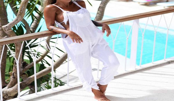 

2019 new cotton linen beach cover ups jumpsuit overalls bib pants women bikini swimsuit swimwear cover up beachwear y08209237147, White;black