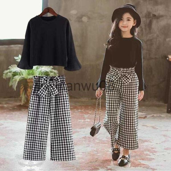 

clothing sets kids girls clothing sets 2023 autumn long sleeve tshirts plaid wide leg pants 2pcs children's clothes teenage 6 8 10 12 y, White
