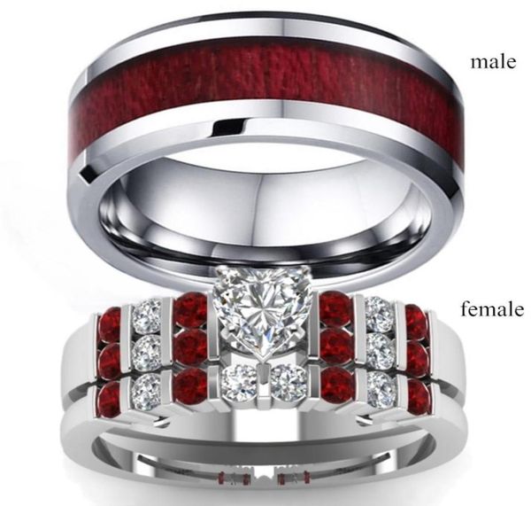 

couple rings his and hers heart cut zircon garnet 925 silver diamond womens wedding ring wood inlay stainless steel mens ring6021721