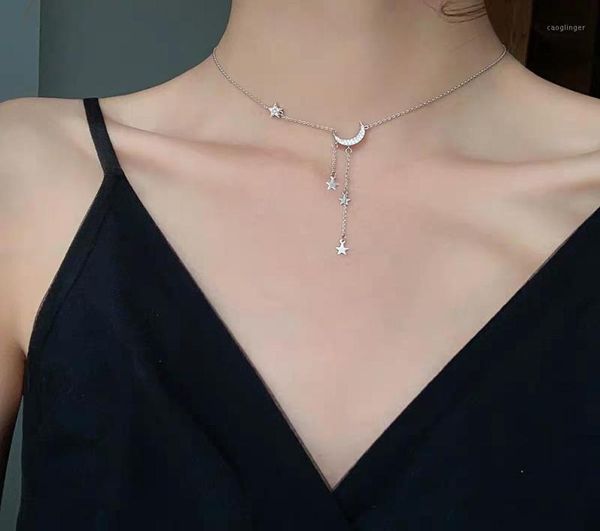 

chains miniset bright star moon necklace female tide net red pendant japanese style extravagant love niche summer clavicle chain15930853, Silver