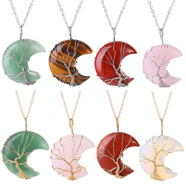 

tree of life wire wrapped moon pendant necklace reiki healing crystal stone necklaces natural rose quartz jewelry for women, Silver