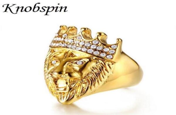 

men039s hip hop gold tone roaring king lion head and crown cz ring for men rock stainless steel pinky rings male jewelry72340681992958, Golden;silver