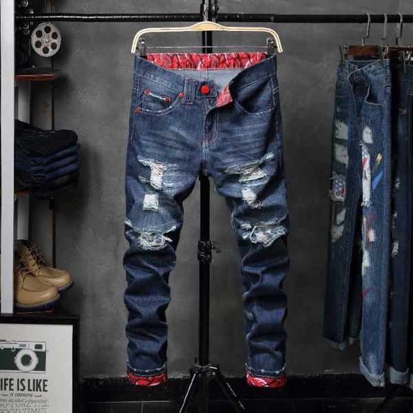 

designer jeans teenage jeans men's beggar pants fashion slim fit hole patch jeans men's fashion, Blue