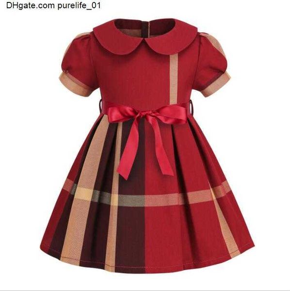 

lovely baby girls princess dresses with bowknot summer kids short sleeve plaid dress cotton girl skirts children skirt 3-8 years, Red;yellow