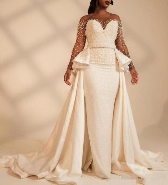 

2019 african plus size mermaid wedding dresses luxury beaded pearls with satin overskirt sweep train wedding gown vestido de novia9766337, White