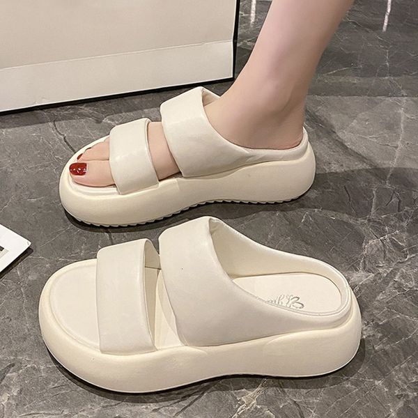 

slippers summer beige platform sandals for women fashion pu leather thick sole woman non slip wedge slides sandalias mujer 2023 230803, Black