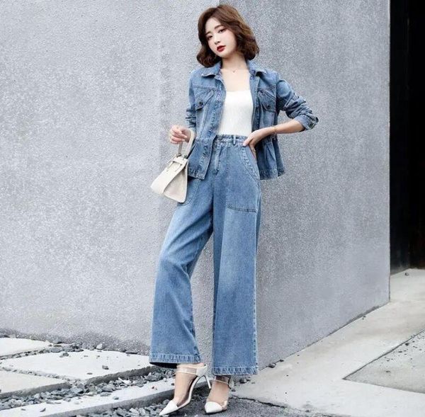 

2pcs tweed women dress denim jeans suit set lady slim short jacket wide leg pants women039s two piece2254448, White
