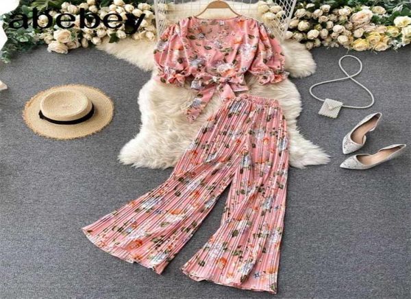 

women summer bohemian floral set v neck puff sleeve short high waist pleated wide leg long pants two pieces suits 2111059214703, White