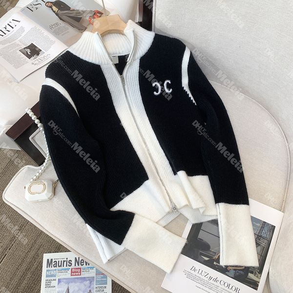 

black white patchwork cardigan women sweater with zipper classic jacquard coats winter warm designer outerwear, White;black