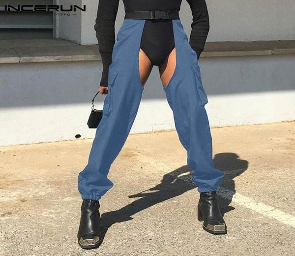 

men039s pants men solid color hollow out loose pockets streetwear cargo personality 2021 trousers with belt s5xl incerun8967342, Black