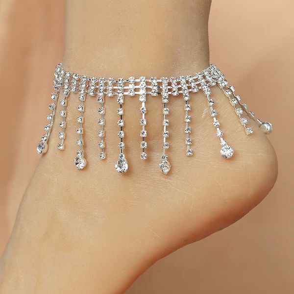 

selling rhinestone tassel anklet for women's summer beach minimalist double layer pendant, Red;blue
