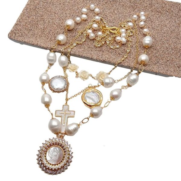 

pendant necklaces yygem freshwater white rice pearl gold plated chian statement necklace shell virgin mary charm 20" for women 230804, Silver