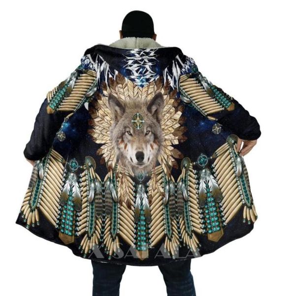 

men039s wool blends native wolf animal feather overcoat coat 3d printed thick warm hooded cloak for men windproof fleece unis8094440, Black