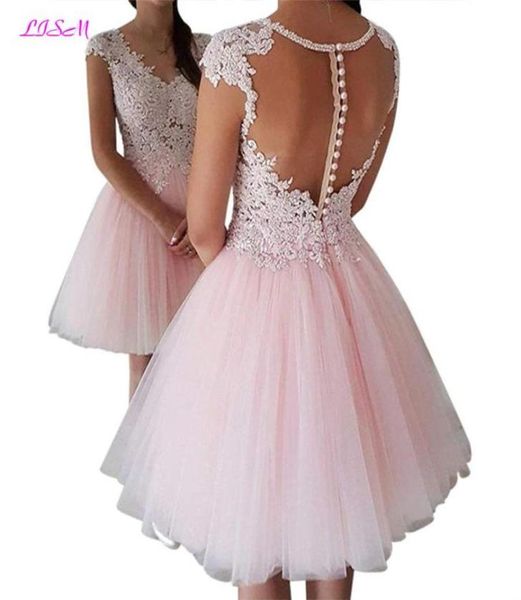 

pink sheer cap sleeves lace aline homecoming dresses 2019 tulle applique beaded short prom cocktail party dresses with buttons49752361057, Blue;pink