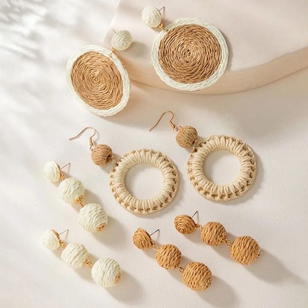 

new bohemia fashion raffia winding earrings rattan circle flower drop women's earrings summer ocean beach jewelry accessories, Silver