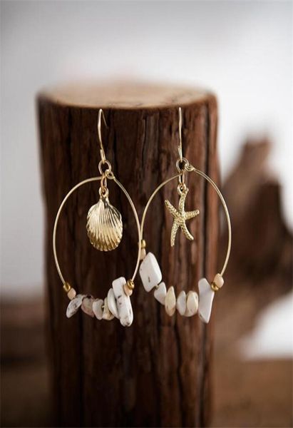 

vintage gold alloy sea shell starfish dangle errings for women round circle with stone beads earrings summer jewelry t2308784390, Silver