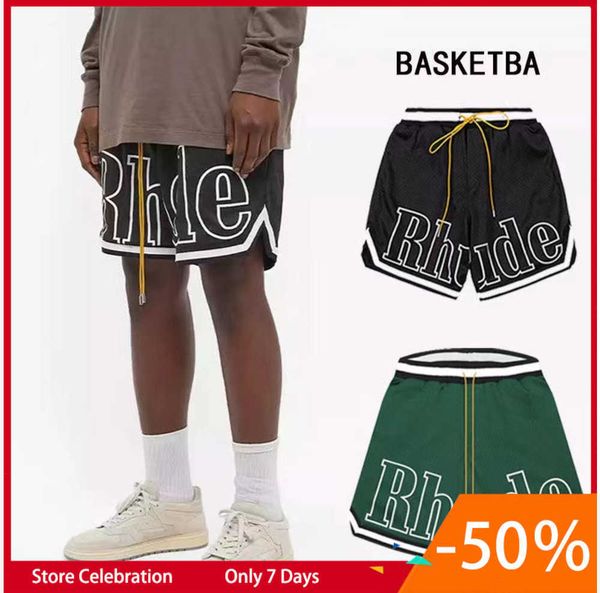 

rhude mens mesh shorts fashion men women casual reflective skateboard hip hop beach pocket white border short asian size breathable design05, White;black