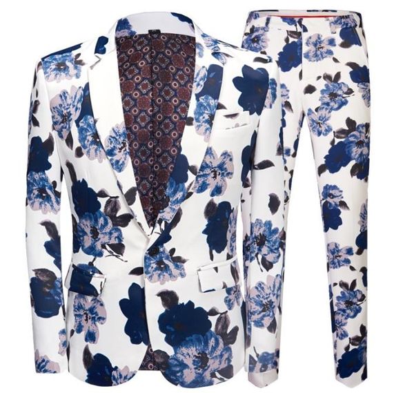 

white floral print one button 2piece dress suit men slim fit wedding suits with pants mens party stage singer terno masculino8356355, White;black