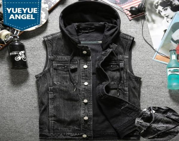 

autumn mens washed denim vest jacket hoody single breasted cowboy jeans waistcoat slim fit tank plus size biker outerwear men0394353709, Black;white