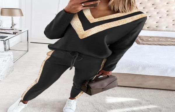 

fashion women beaded patchwork tracksuits casual sport suits pullover vneck jackets pants two piece set outfits black sweats1441156, Gray