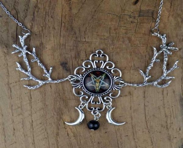 

witch pentagram crescent moon necklace fantasy forest branch magic wiccan pagan goth jewelry276p2414673, Silver