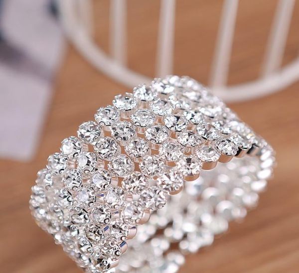 

5 row wide bridal wedding cuff bangle bracelet big crystal rhinestone stretch wristband new fashion jewelry accessory7092234, Golden;silver