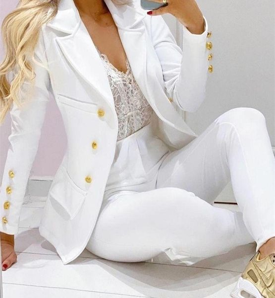 

cmyaya women pants suits solid single breasted blazers pencil two 2 piece sets office lady fashion outfit autumn 2203153586474, White