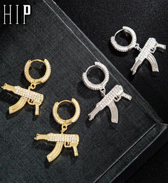 

hip hop 1pair iced zircon ak47 gun earring gold color micro paved aaa bling cz stone earrings for men jewelry 22021496636865547791, Silver