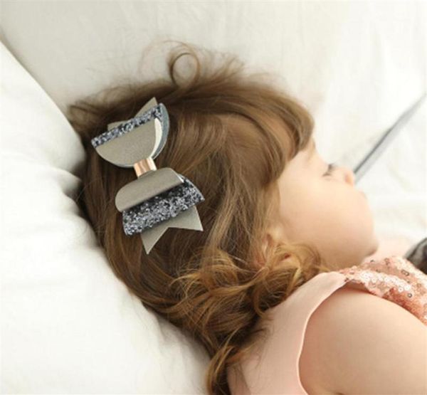 

baby pu double bow sequins shining hair clips colorful pins for girls hairpin kids headwear cute barrettes gift headpiece296g2748208, Slivery;white
