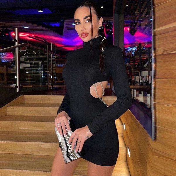 

womens clothing autumn fashion backless hollowed out chain slim long sleeved dress wholesale, Black;gray