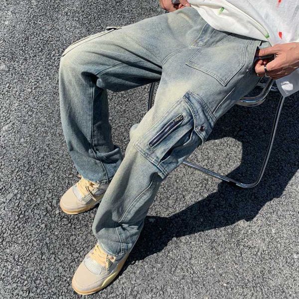

designer jeans high street hippants, washed and spliced jeans, vibe street multi pocket zipper cargo pants, Blue