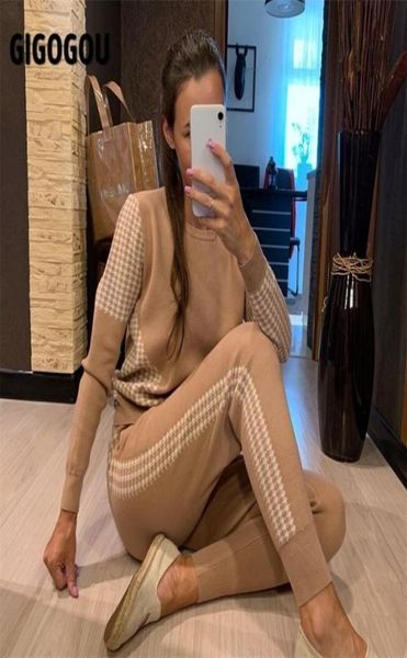

gigogou women track suits sets autumn winter o neck pullover knitted long harem pants set soft warm knitted sweater tracksuits 2109094598, Gray