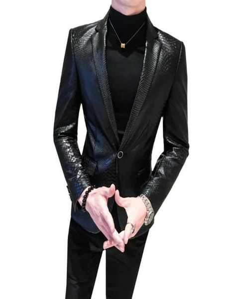 

men039s snakeskin tattoo pu faux leather jacket coat business casual snake skin style slim suit blazer jackets black male m4xl4604346