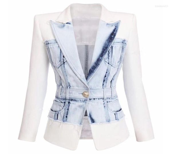 

women039s suits 2022 spring and autumn fashion suit collar long sleeve personality design lion button women denim splicing blaz8515685, White;black