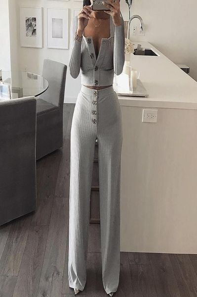 

autumn women knitted rib 2 piece set women winter casual gray matching sets outfit 2 piece set elegant straight pants y2001109816547, White