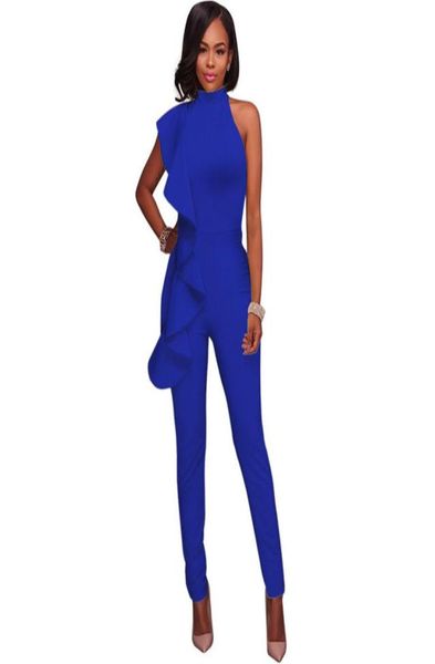 

women plain blue black jumpsuit ruffles sleeveless sheath bandage rompers party night clubwear slim bodycon stretch overall6613170, Black;white