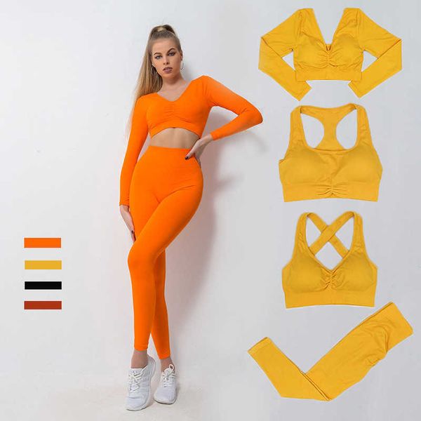 

new yoga suit four piece hip lifting fast drying exercise fitness suit new seamless knitting back in autumn and winter, White;red