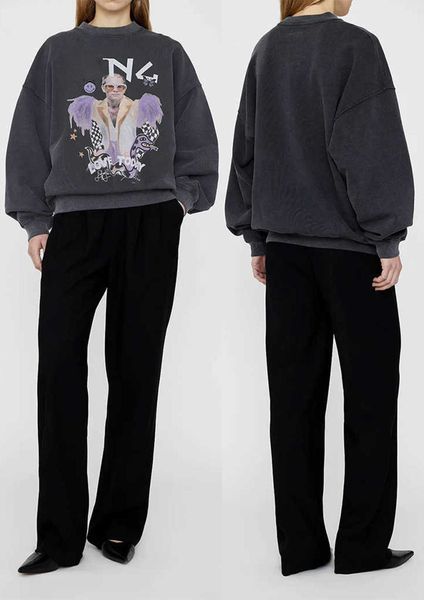 

23ss anines bing women designer fashion cotton sweatshirt new ab glasses for men with wings white ink digital printing washing water fried s, Black