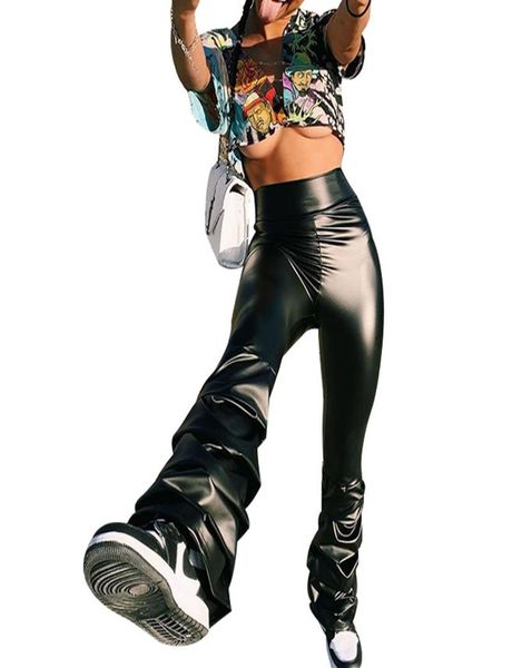 

women stacked leggings fashion high waist slim fit plain faux leather flare pants c12105299552, Black;white