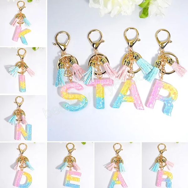 

a-z 26 letters keychains with tassel women girls sequin initials alphabet key chain rings cute keyring holder bags car gifts, Silver
