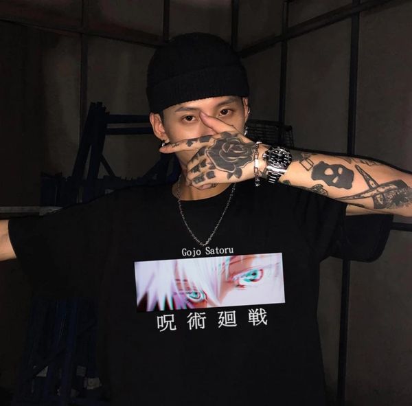 

japanese manga jujutsu kaisen harajuku graphic clothes tshirt streetwear gojo satoru devil eyes anime t shirt men8259506, White;black