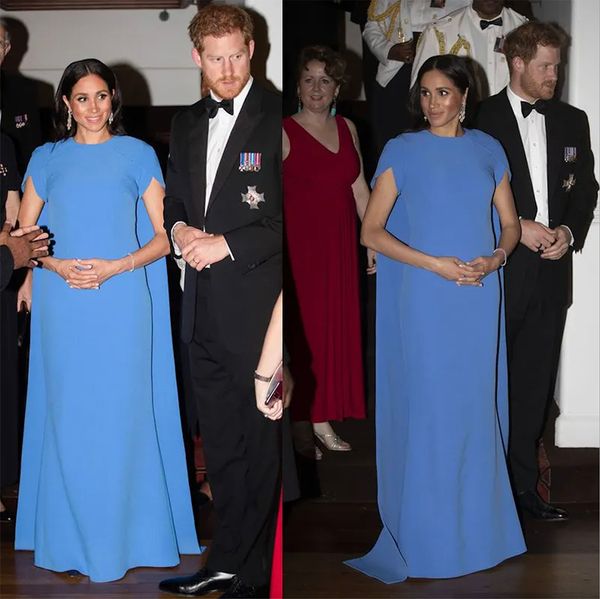 

meghan markle blue mermaid evening dresses with cape jewel neck short sleeve satin formal dress sweep train celebrity gowns, Black;red