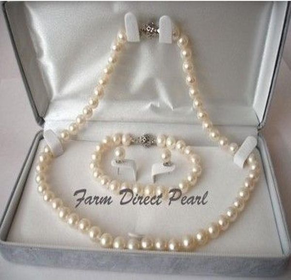 

pearl jewelry genuine round 89mm white pearl necklace 3pc set 19quot 925 silver clasp3980066, Black